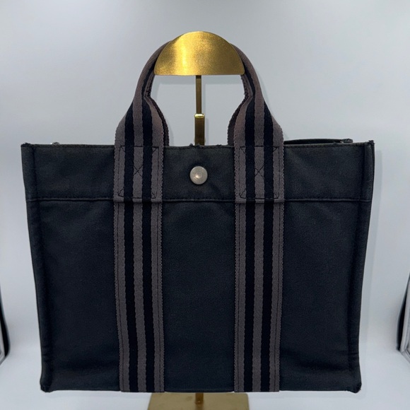 Hermes Elegant Black Tote with Gray Stripes - Picture 1 of 13